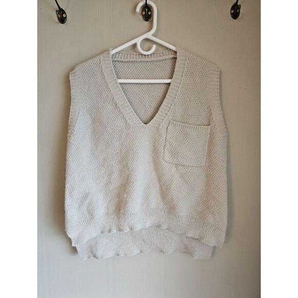 Solid V Neck Sweater Vest Sleeveless Dipped Hem Fall Layering Chunky Knit Large - Picture 1 of 4
